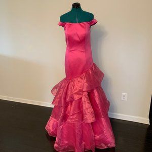 Hot Pink Trumpet Style Asymmetrical Evening Gown